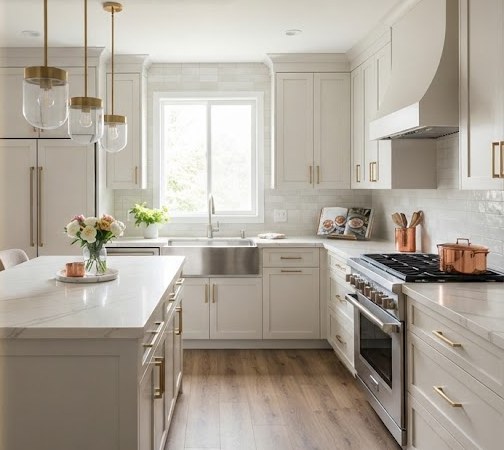 Kitchen after remodel: white shaker cabinets, quartz island and brass pendants