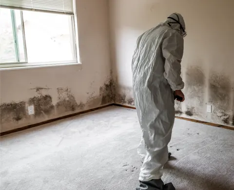 Technician in protective suit inspecting mold damage on a wall
