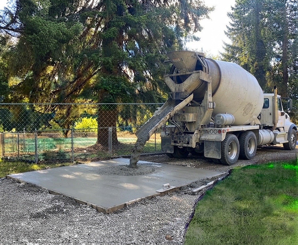 Concrete mixer truck pouring a new slab