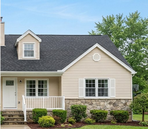 House exterior after remodel: new roof, beige siding and stone veneer