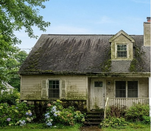 House exterior before remodel: mossy roof and worn siding